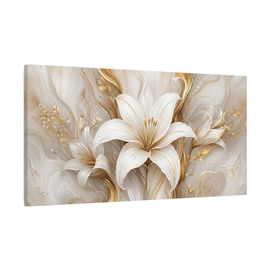 Main Mockup. Floral White Lily White And Gold shown as stretched canvas wall art