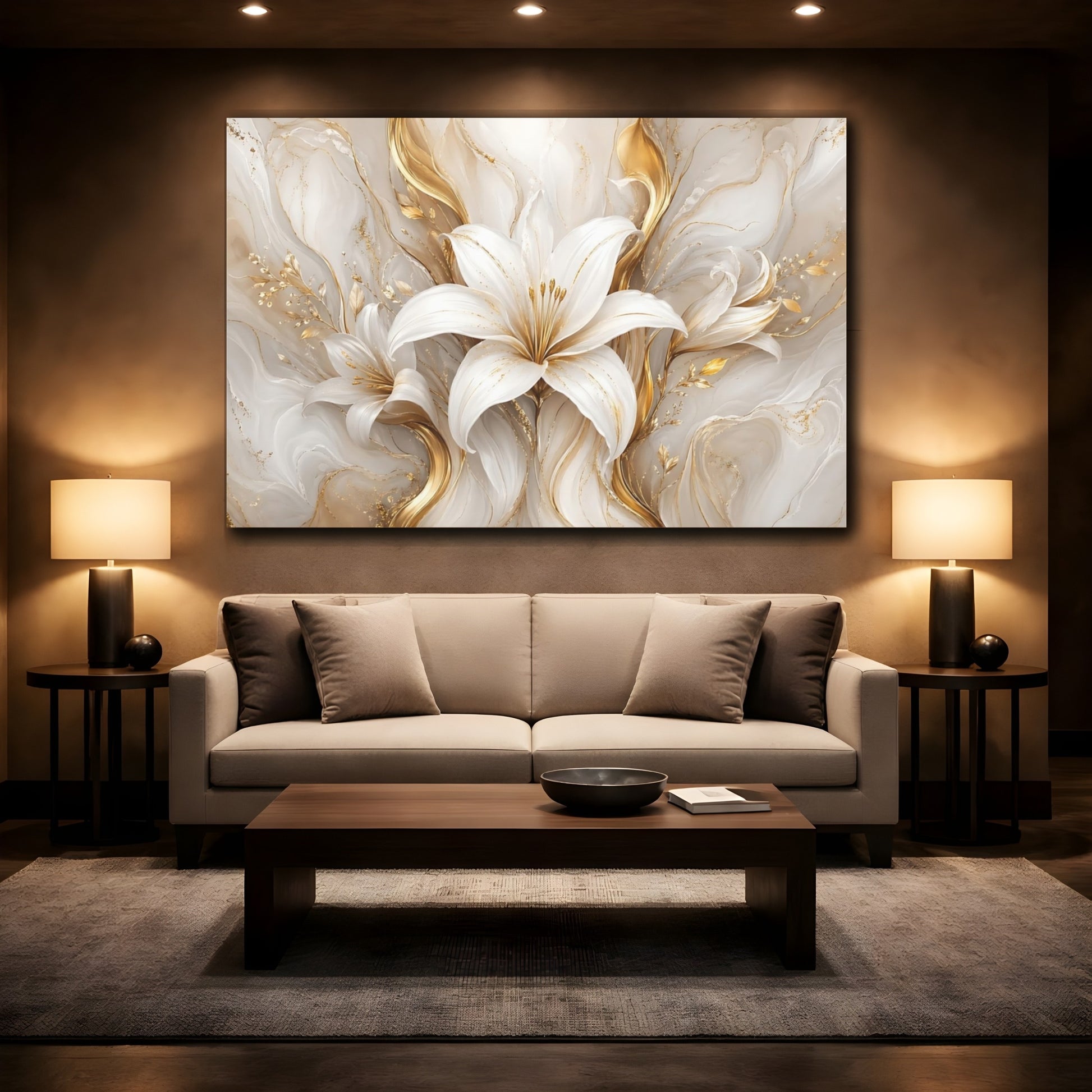 Mockup 2. Floral White Lily White And Gold Lilies shown as stretched canvas wall art