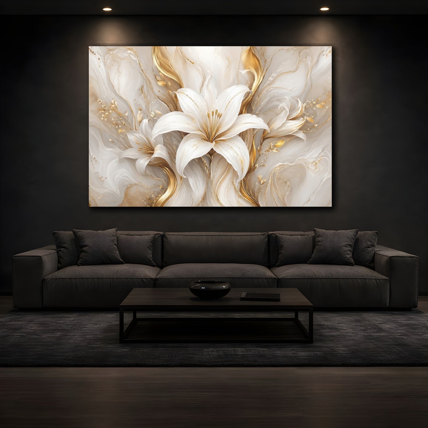 Mockup 3. Floral White Lily White And Gold Lilies shown as stretched canvas wall art