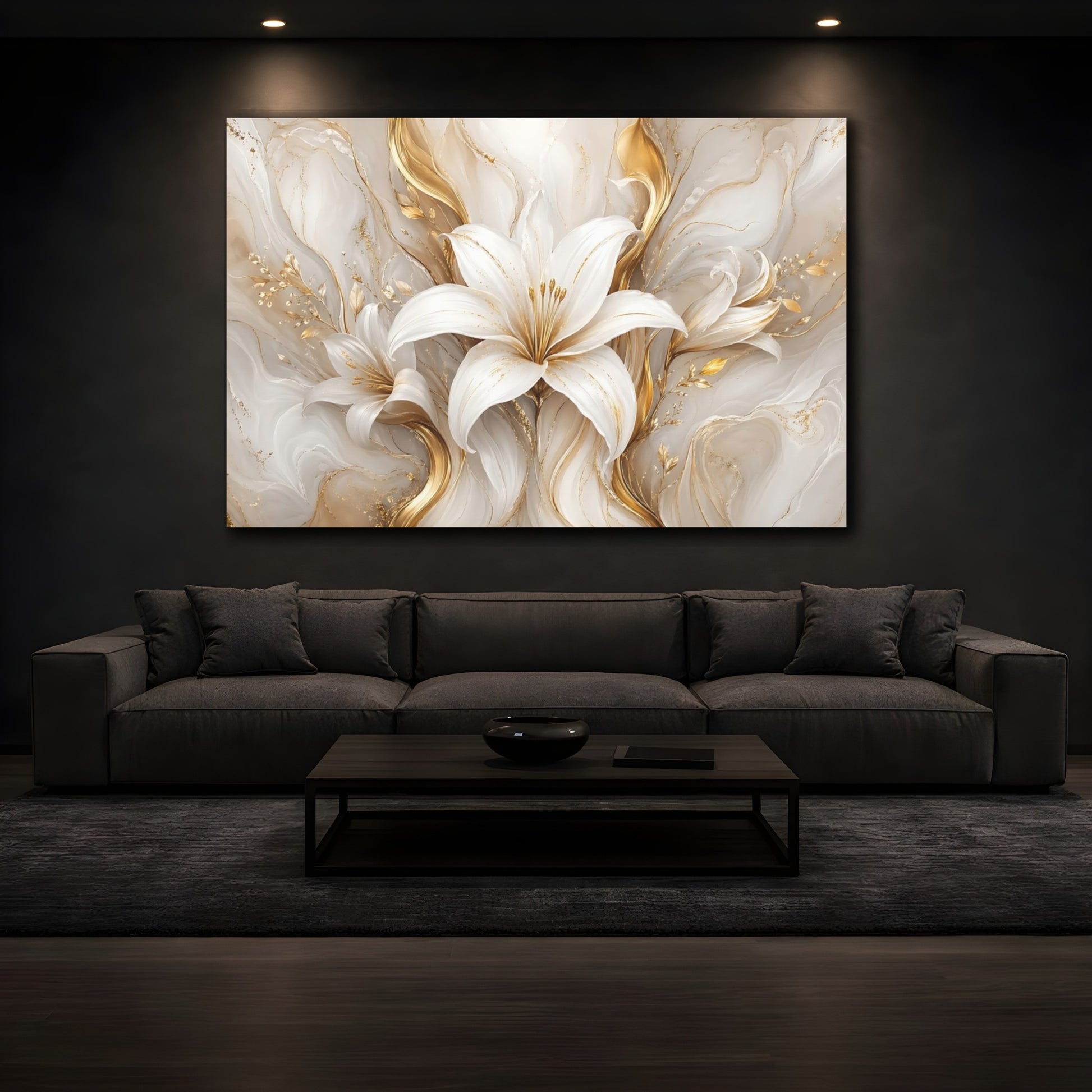 Mockup 3. Floral White Lily White And Gold Lilies shown as stretched canvas wall art