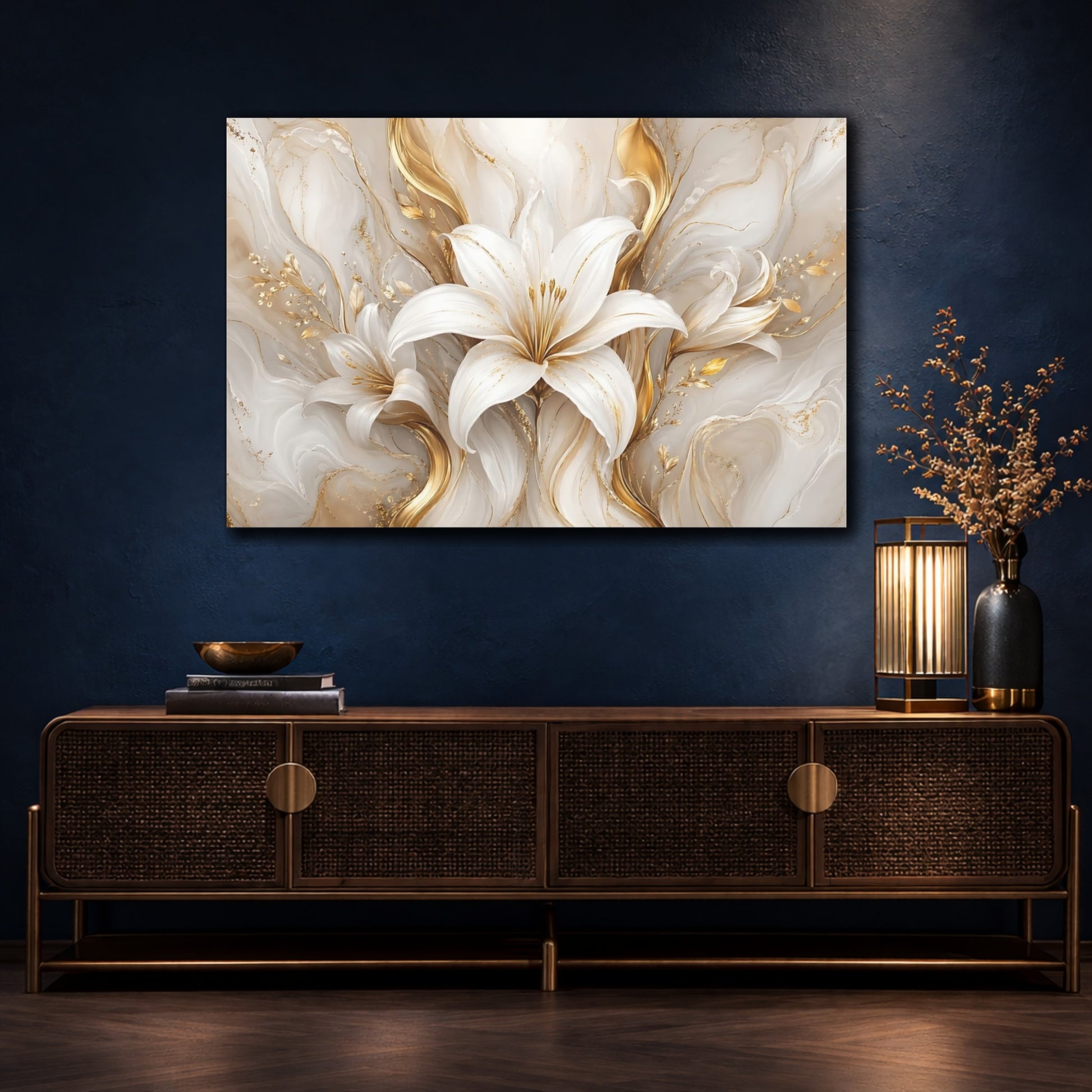 Mockup 4. Floral White Lily White And Gold Lilies shown as stretched canvas wall art