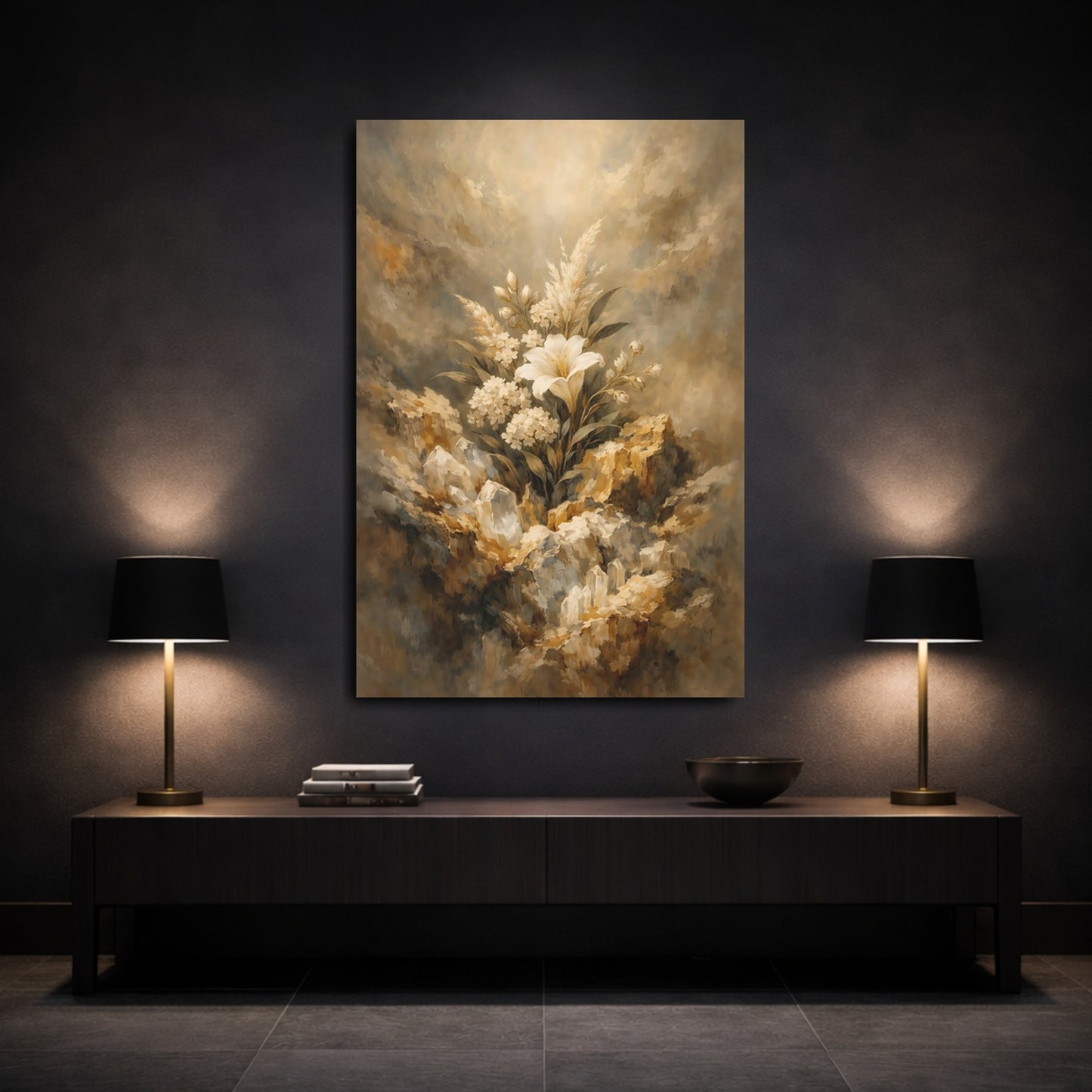 Mockup 2. Floral White Lily White And Gold shown as stretched canvas wall art