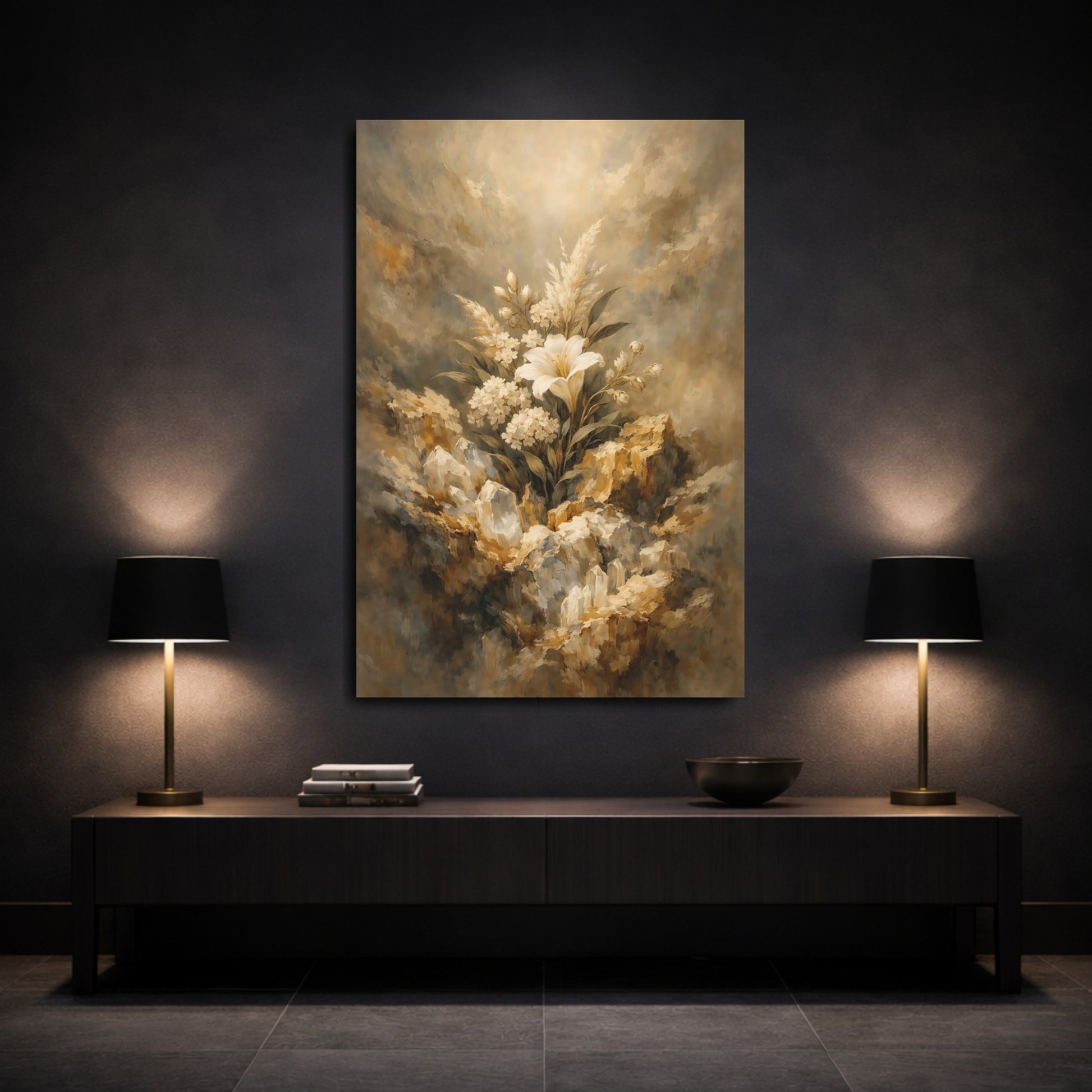 Mockup 2. Floral White Lily White And Gold shown as stretched canvas wall art
