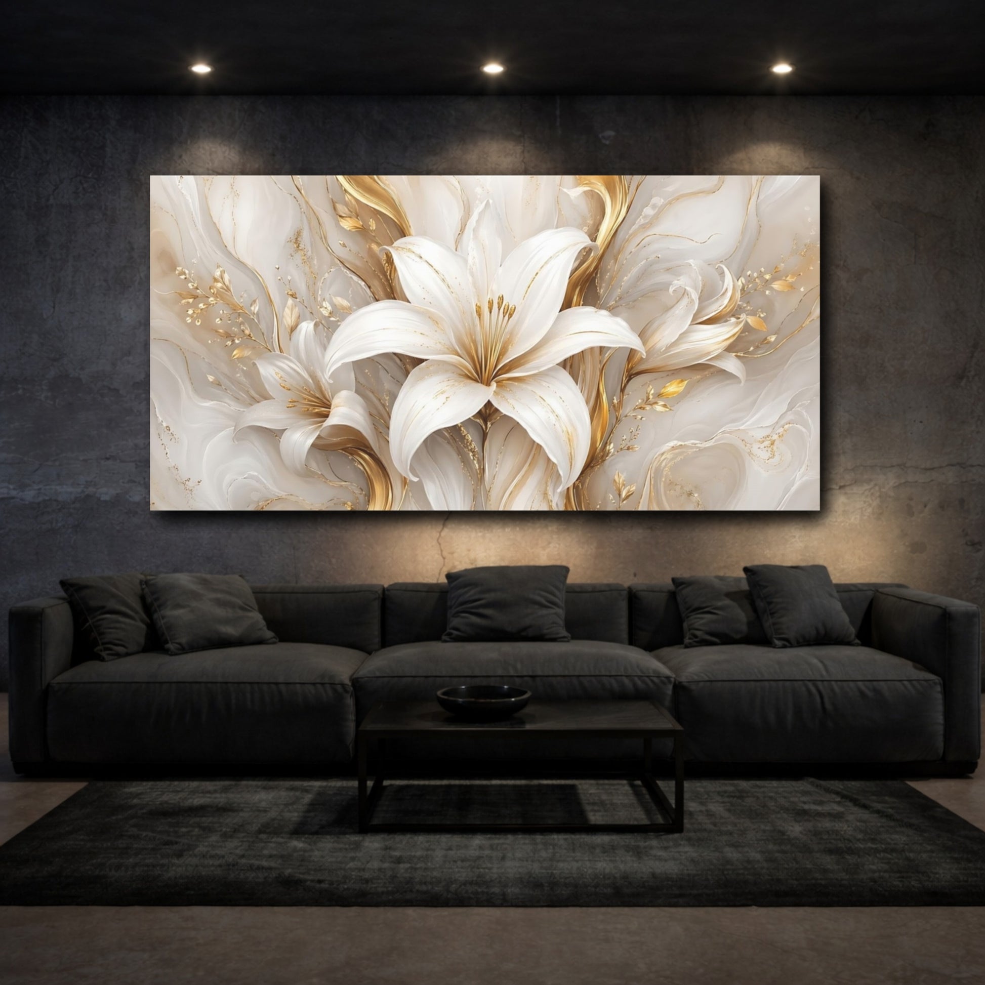 Mockup 2. Floral White Lily White And Gold shown as stretched canvas wall art