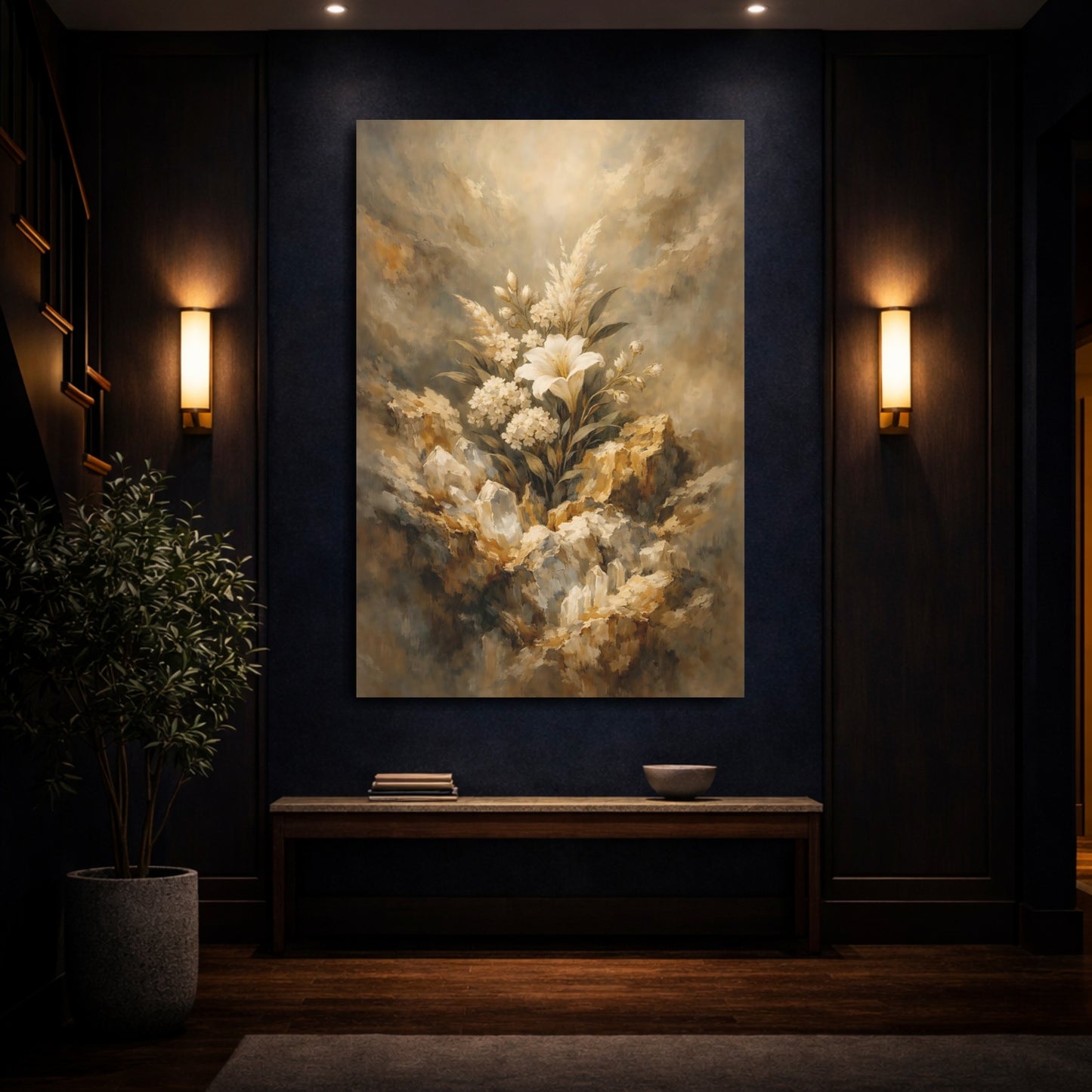 Mockup 3. Floral White Lily White And Gold shown as stretched canvas wall art