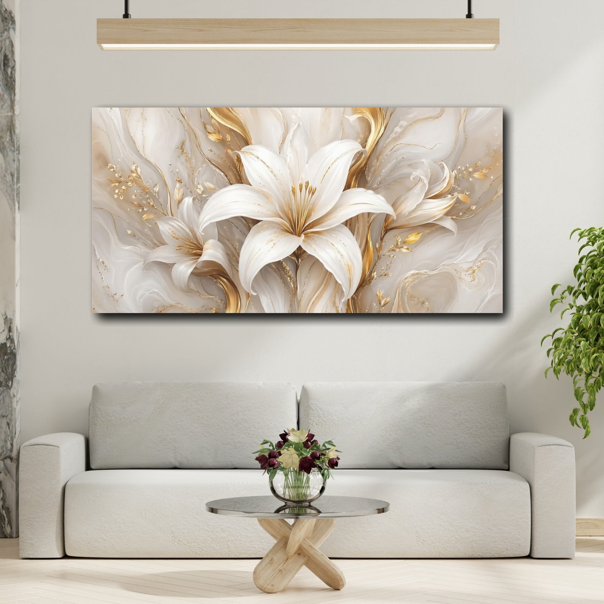 Mockup 3. Floral White Lily White And Gold shown as stretched canvas wall art