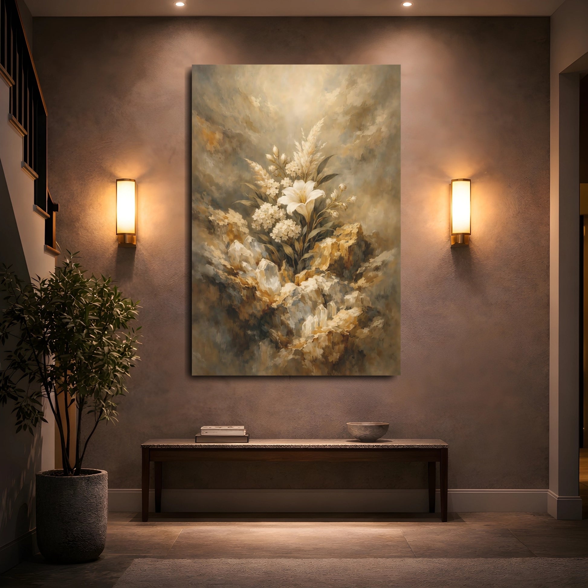 Mockup 4. Floral White Lily White And Gold shown as stretched canvas wall art