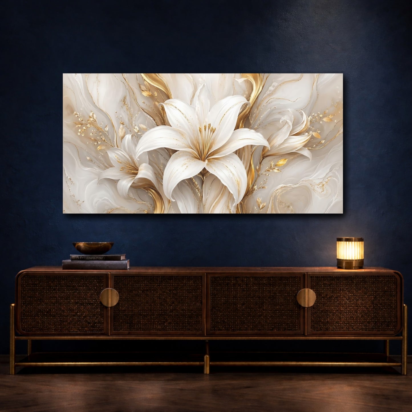Mockup 4. Floral White Lily White And Gold shown as stretched canvas wall art