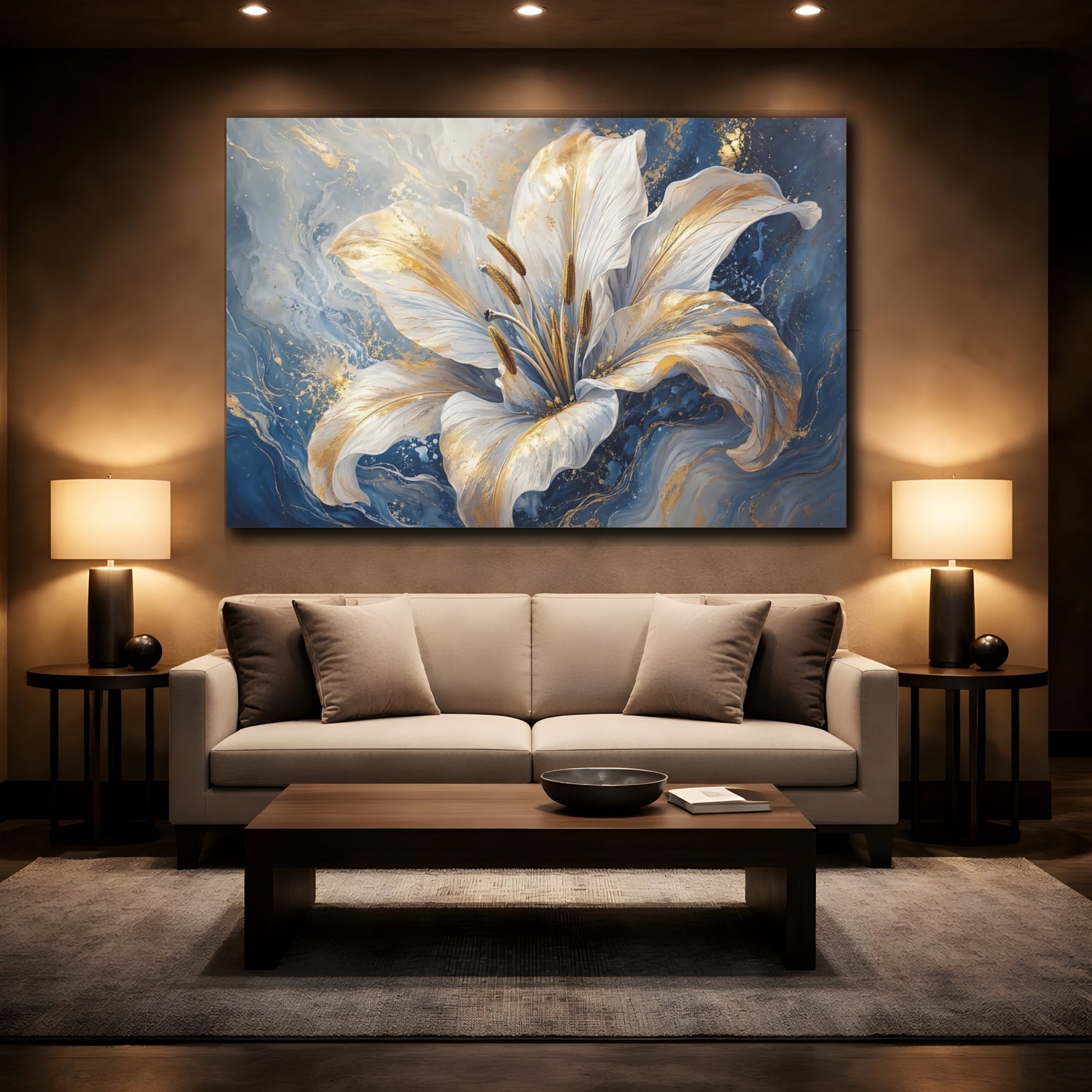 Mockup 2. Floral White Lily White Gold Blue shown as stretched canvas wall art