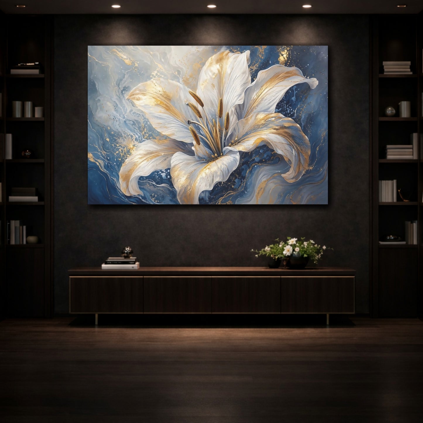 Mockup 3. Floral White Lily White Gold Blue shown as stretched canvas wall art
