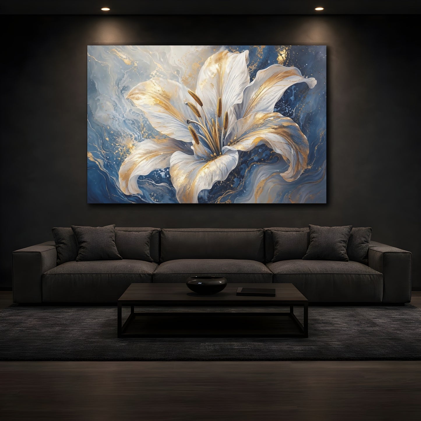 Mockup 4. Floral White Lily White Gold Blue shown as stretched canvas wall art