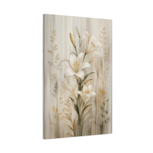Main Mockup. Floral White Lily White Lilies Gold shown as stretched canvas wall art