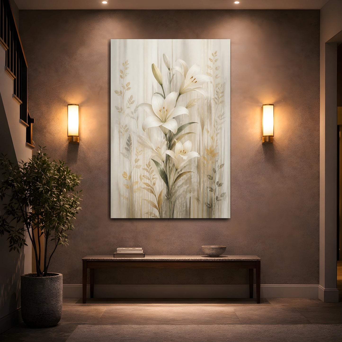 Mockup 2. Floral White Lily White Lilies Gold shown as stretched canvas wall art