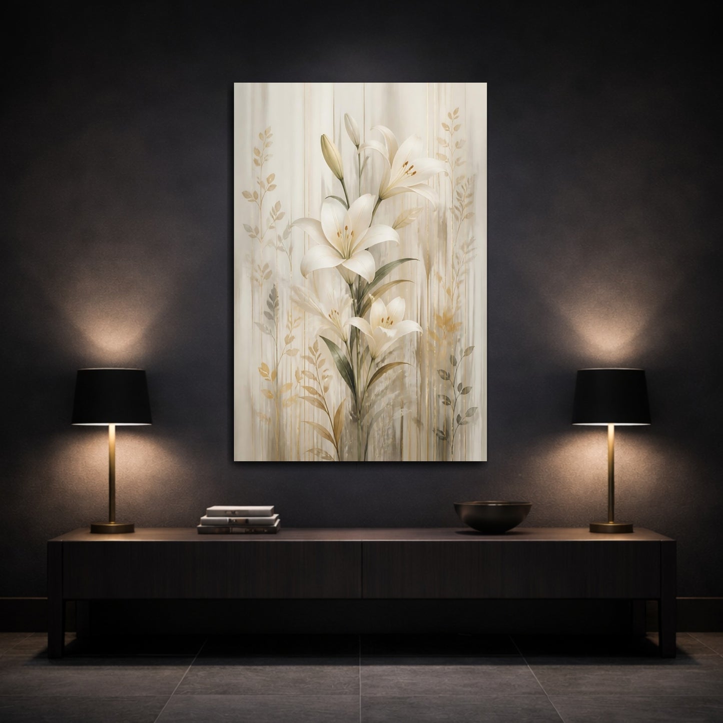 Mockup 3. Floral White Lily White Lilies Gold shown as stretched canvas wall art