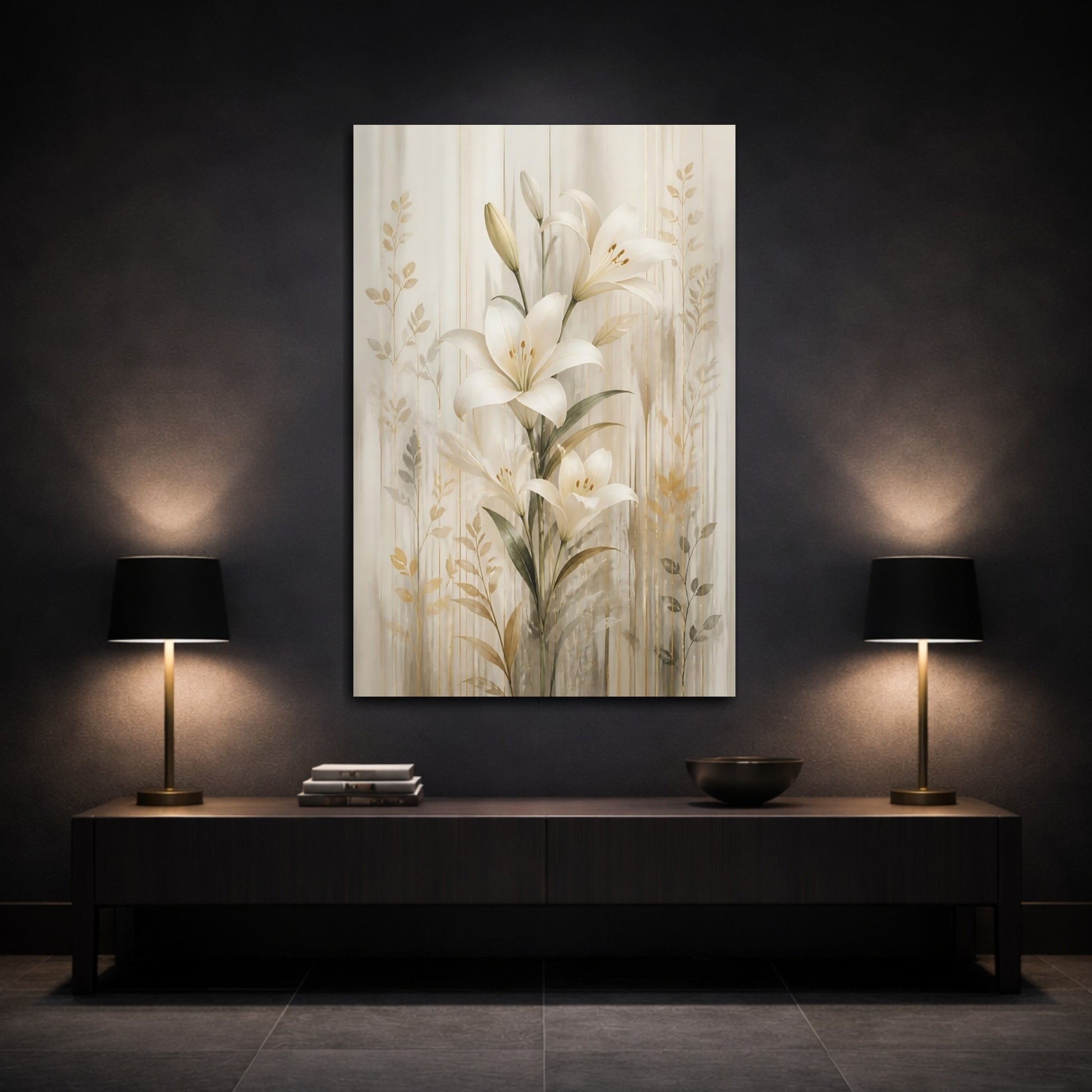 Mockup 3. Floral White Lily White Lilies Gold shown as stretched canvas wall art