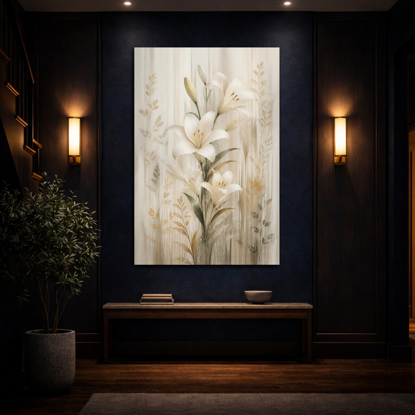 Mockup 4. Floral White Lily White Lilies Gold shown as stretched canvas wall art