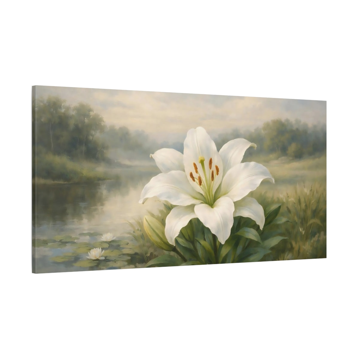 Main Mockup. Floral White Lily White Lily shown as stretched canvas wall art