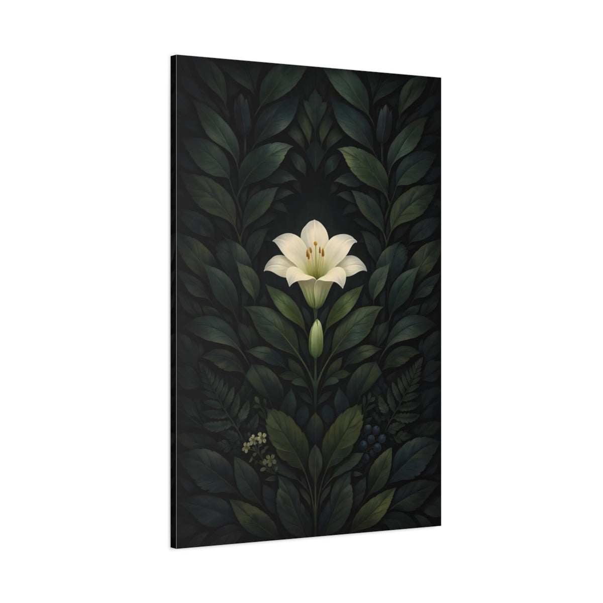 Floral White Lily White Lily Dark Green shown as stretched canvas wall art