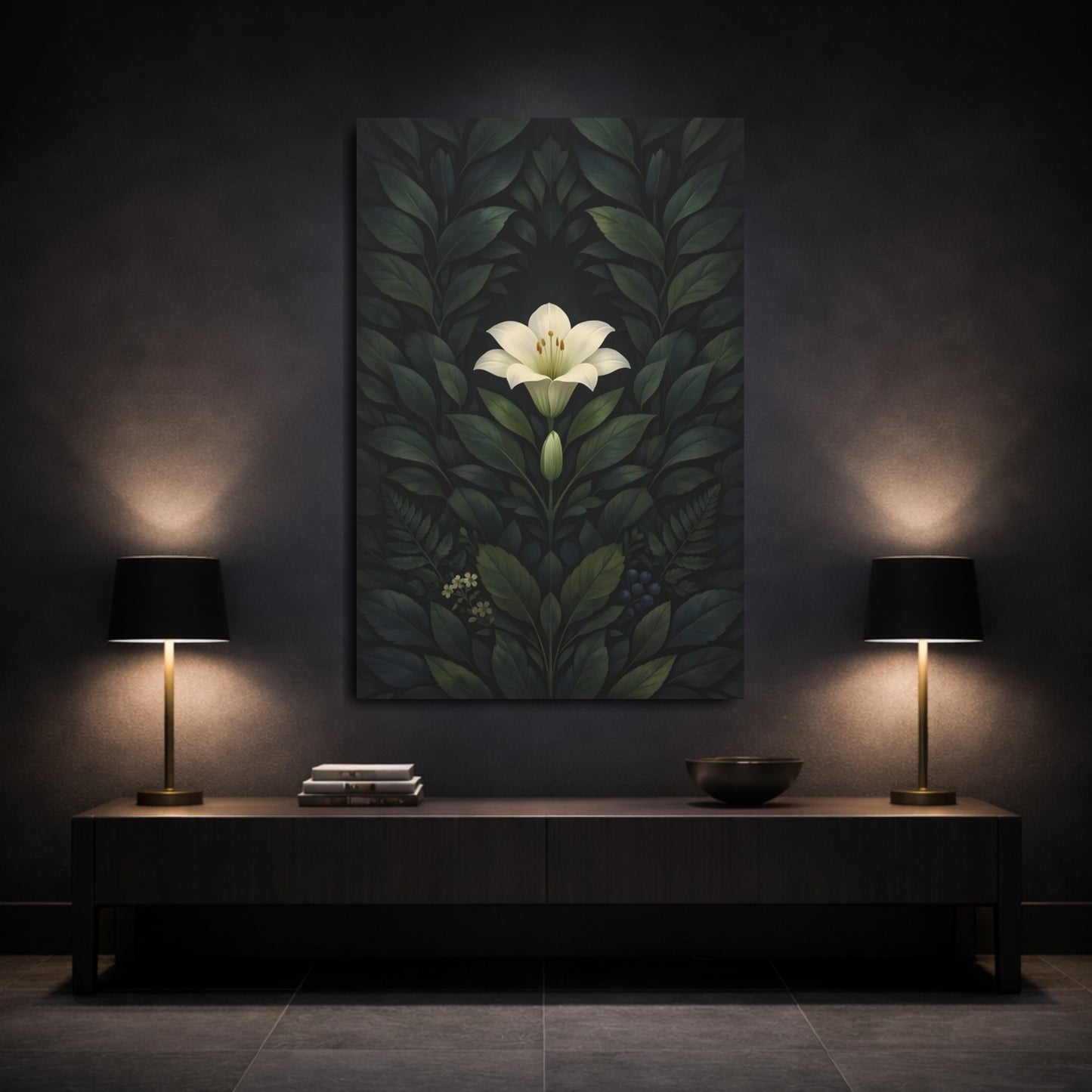 Floral White Lily White Lily Dark Green shown as front canvas room wall art