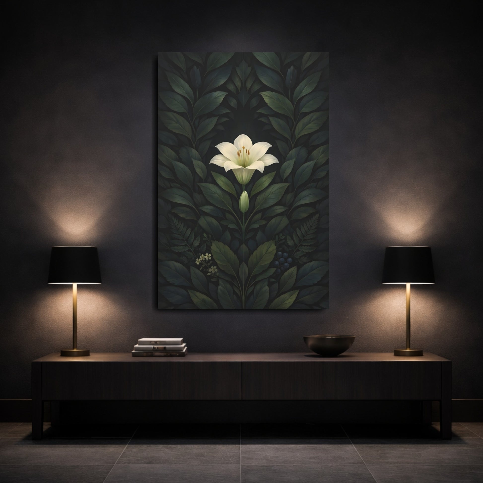 Floral White Lily White Lily Dark Green shown as front canvas room wall art