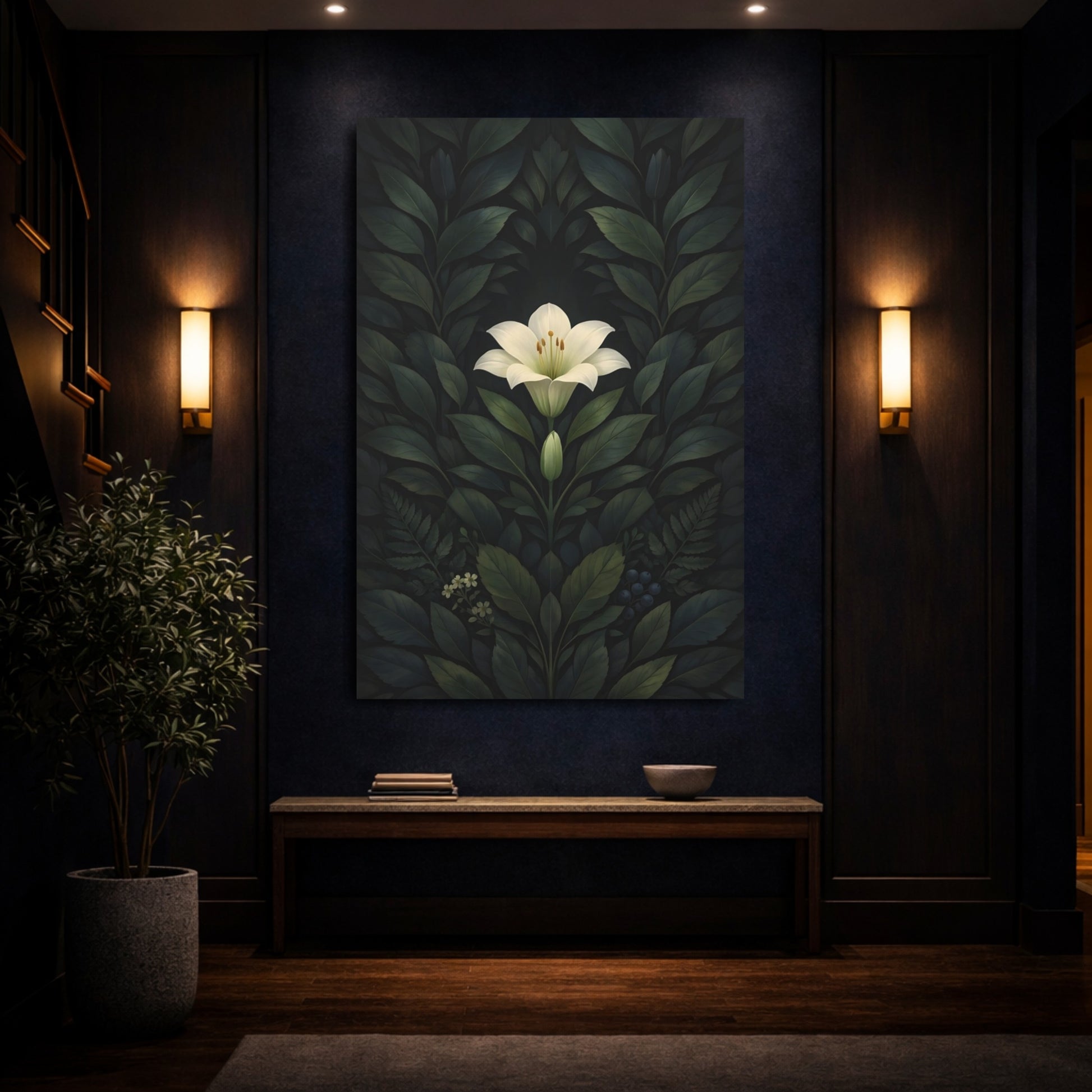 Floral White Lily White Lily Dark Green shown as front canvas room wall art