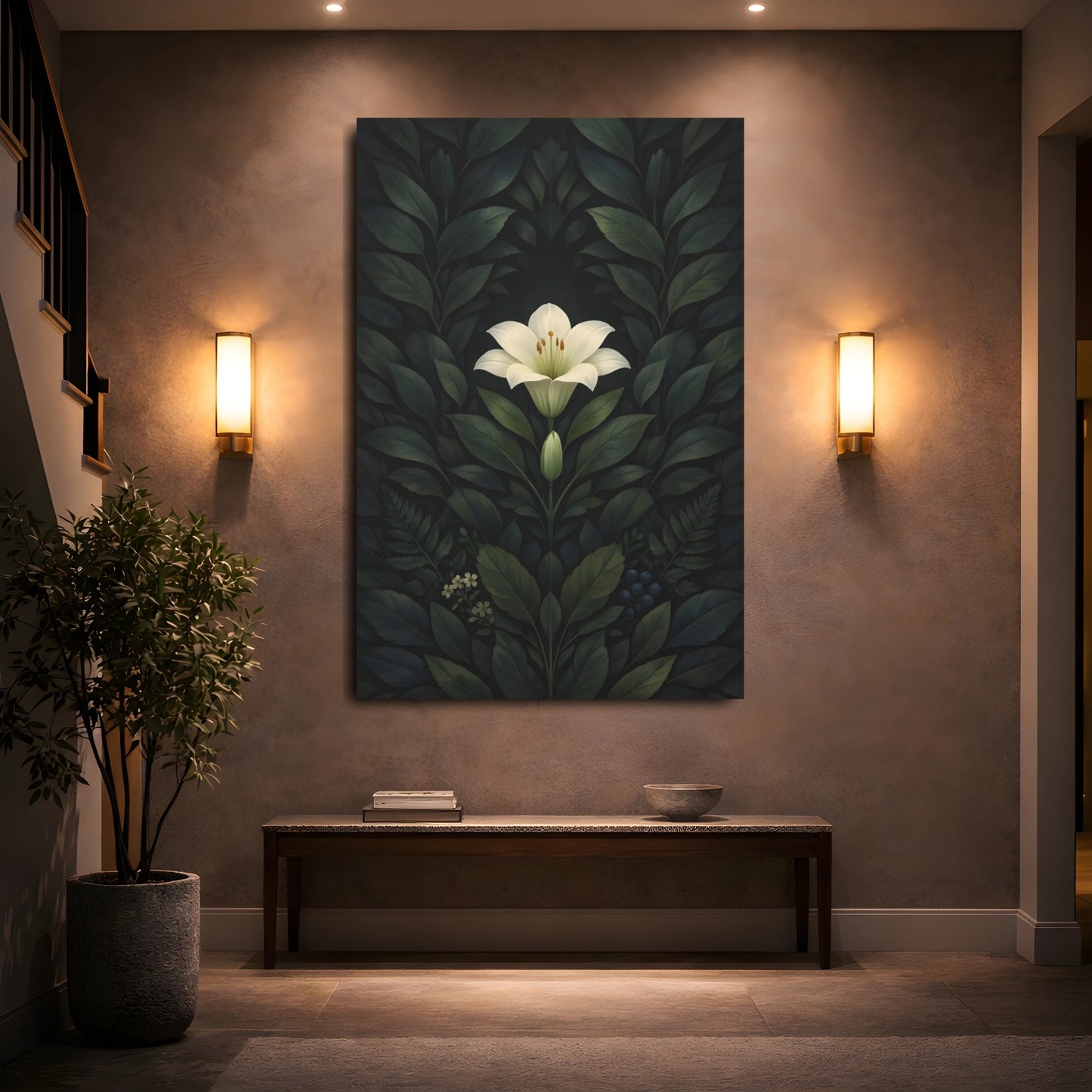 Floral White Lily White Lily Dark Green shown as front canvas room wall art