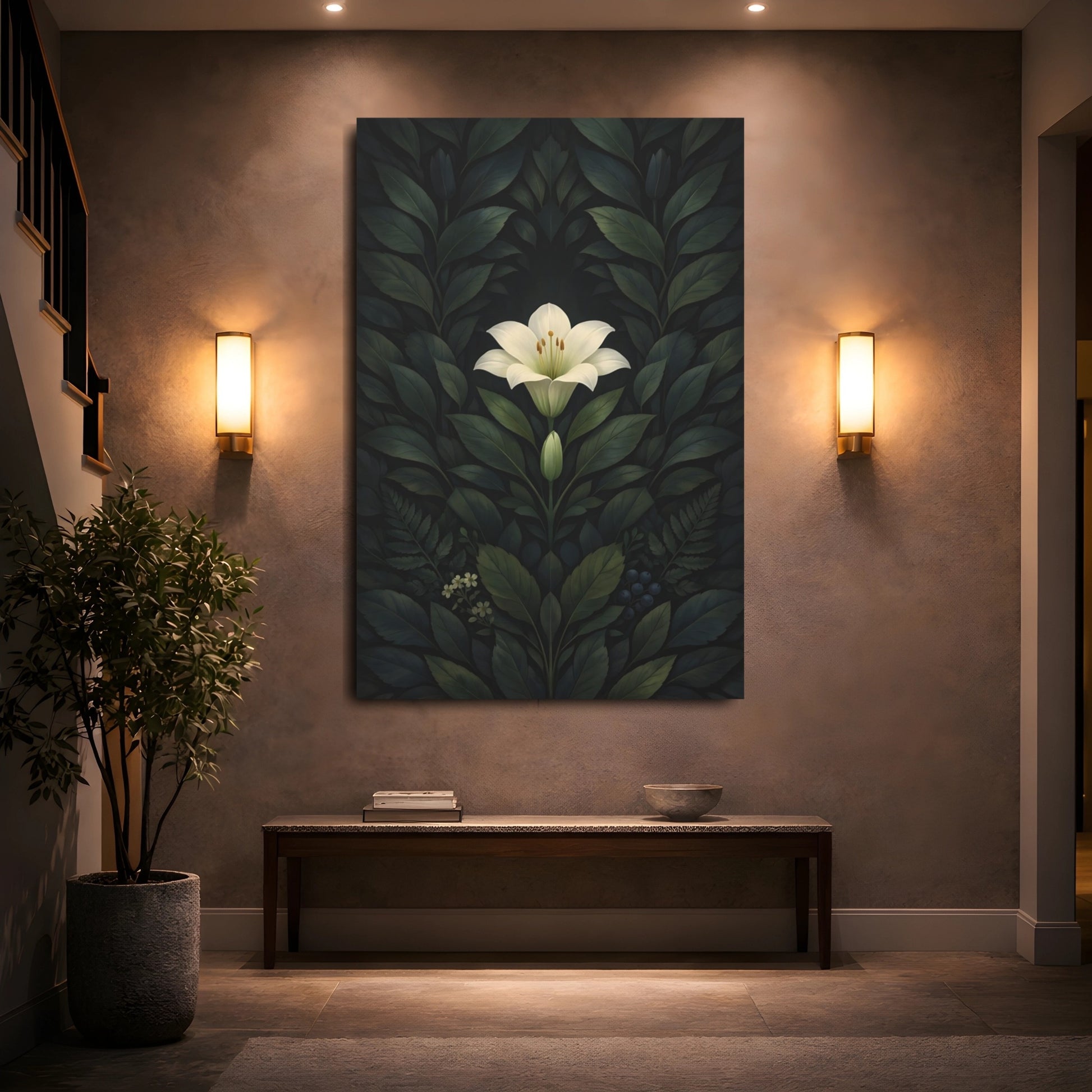 Floral White Lily White Lily Dark Green shown as front canvas room wall art
