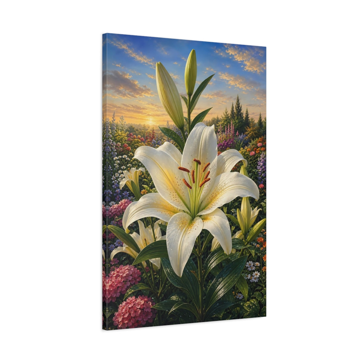 Main Mockup. Floral White Lily White Lily Garden shown as stretched canvas wall art