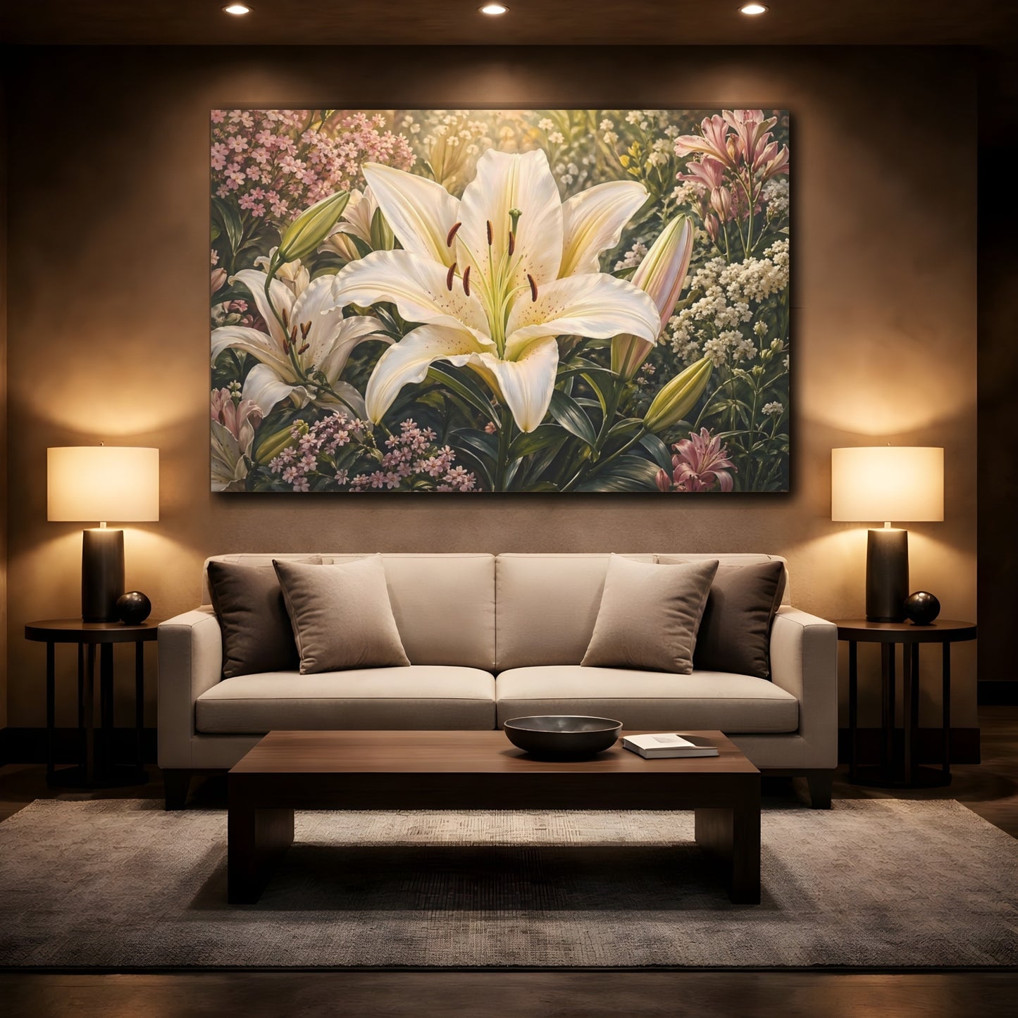 Mockup 2. Floral White Lily White Lily Garden shown as stretched canvas wall art