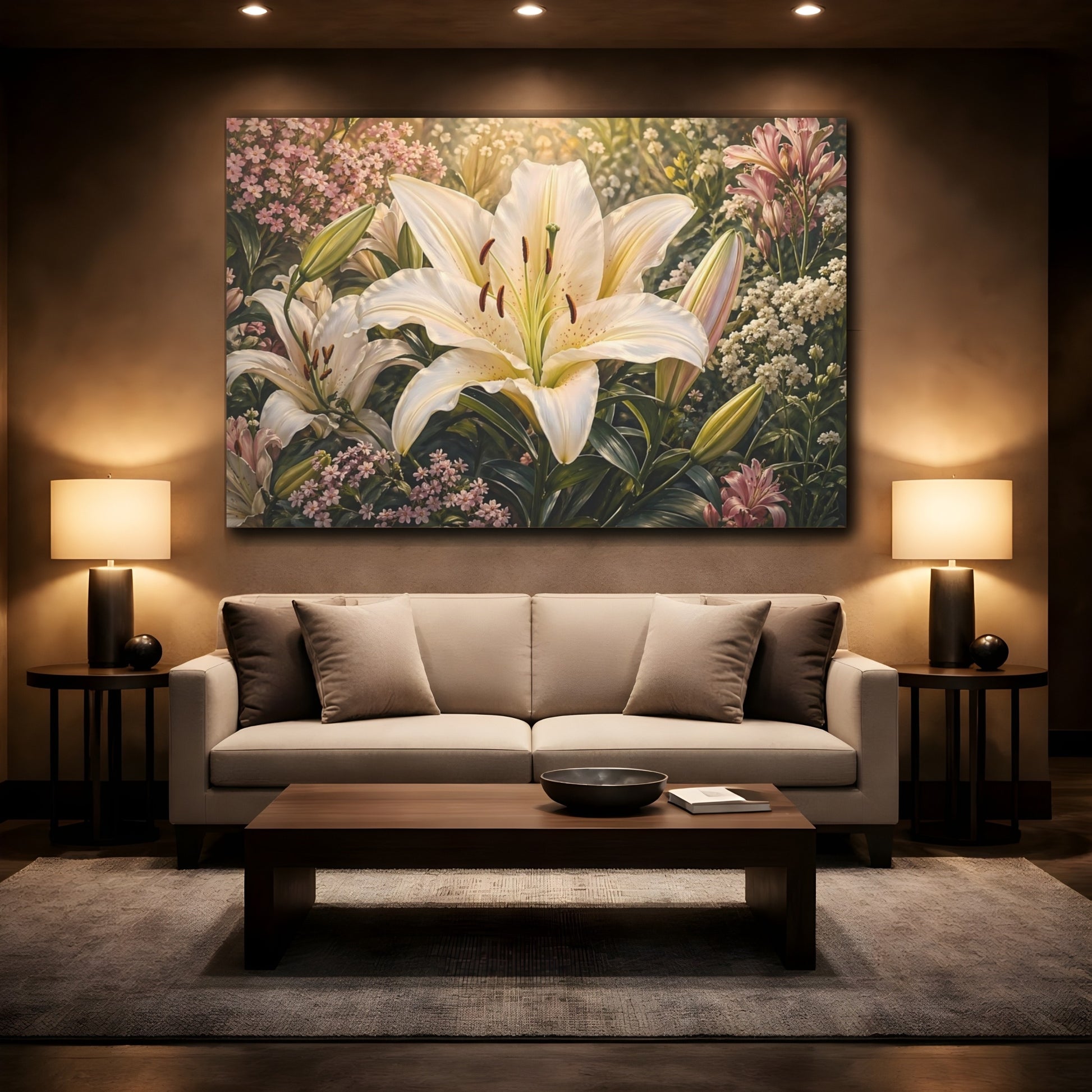 Mockup 2. Floral White Lily White Lily Garden shown as stretched canvas wall art