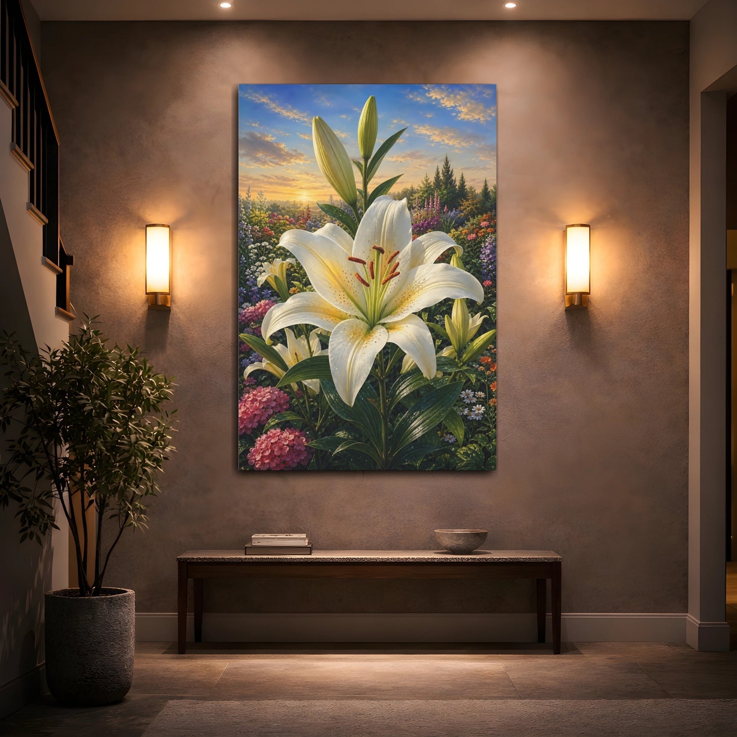 Mockup 2. Floral White Lily White Lily Garden shown as stretched canvas wall art