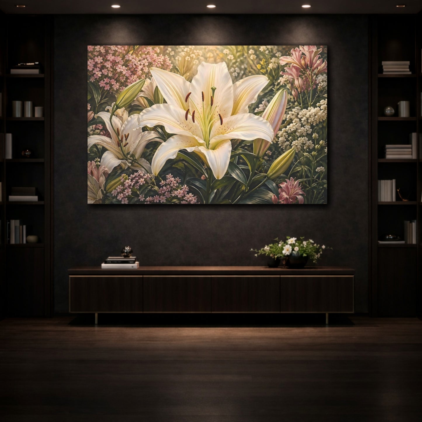 Mockup 3. Floral White Lily White Lily Garden shown as stretched canvas wall art
