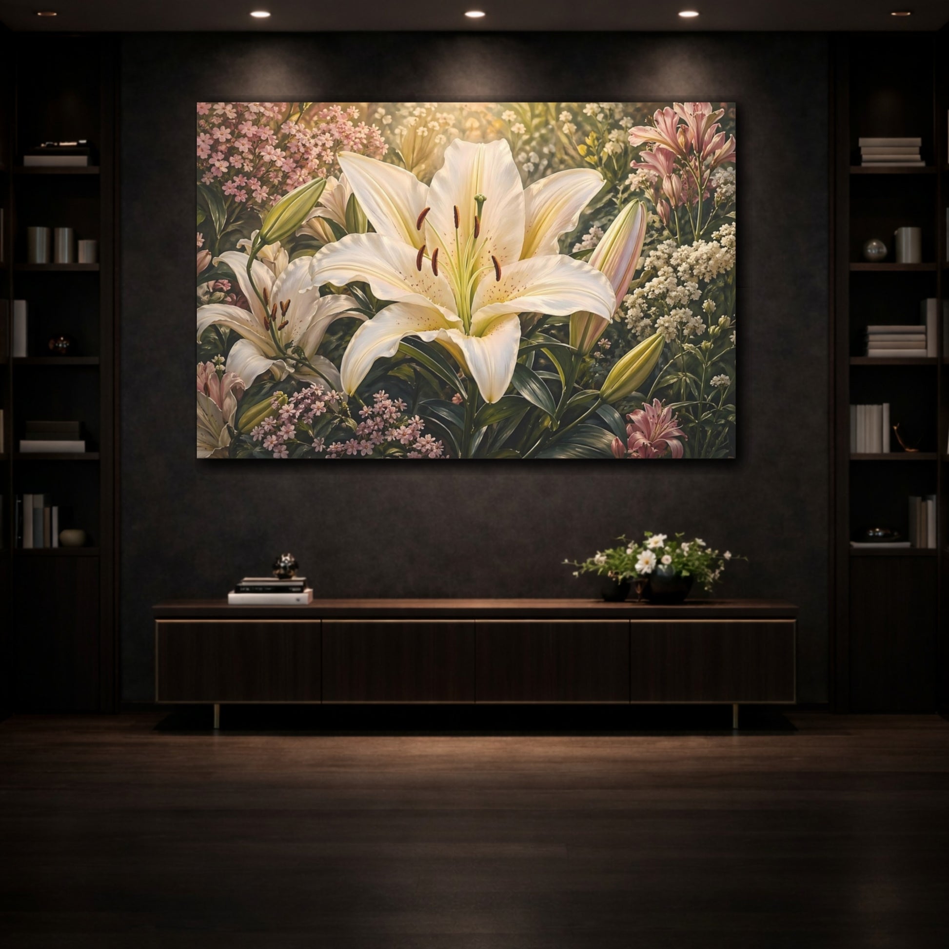 Mockup 3. Floral White Lily White Lily Garden shown as stretched canvas wall art