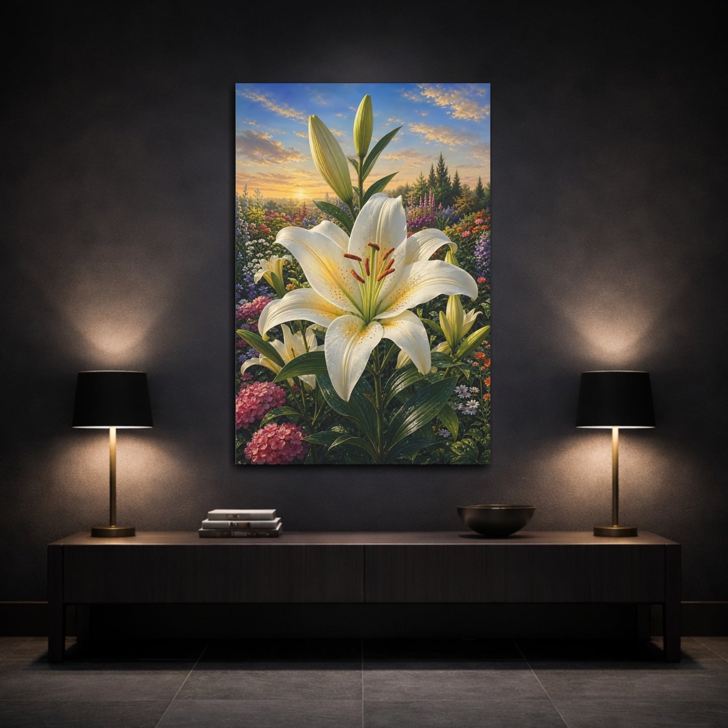 Mockup 3. Floral White Lily White Lily Garden shown as stretched canvas wall art