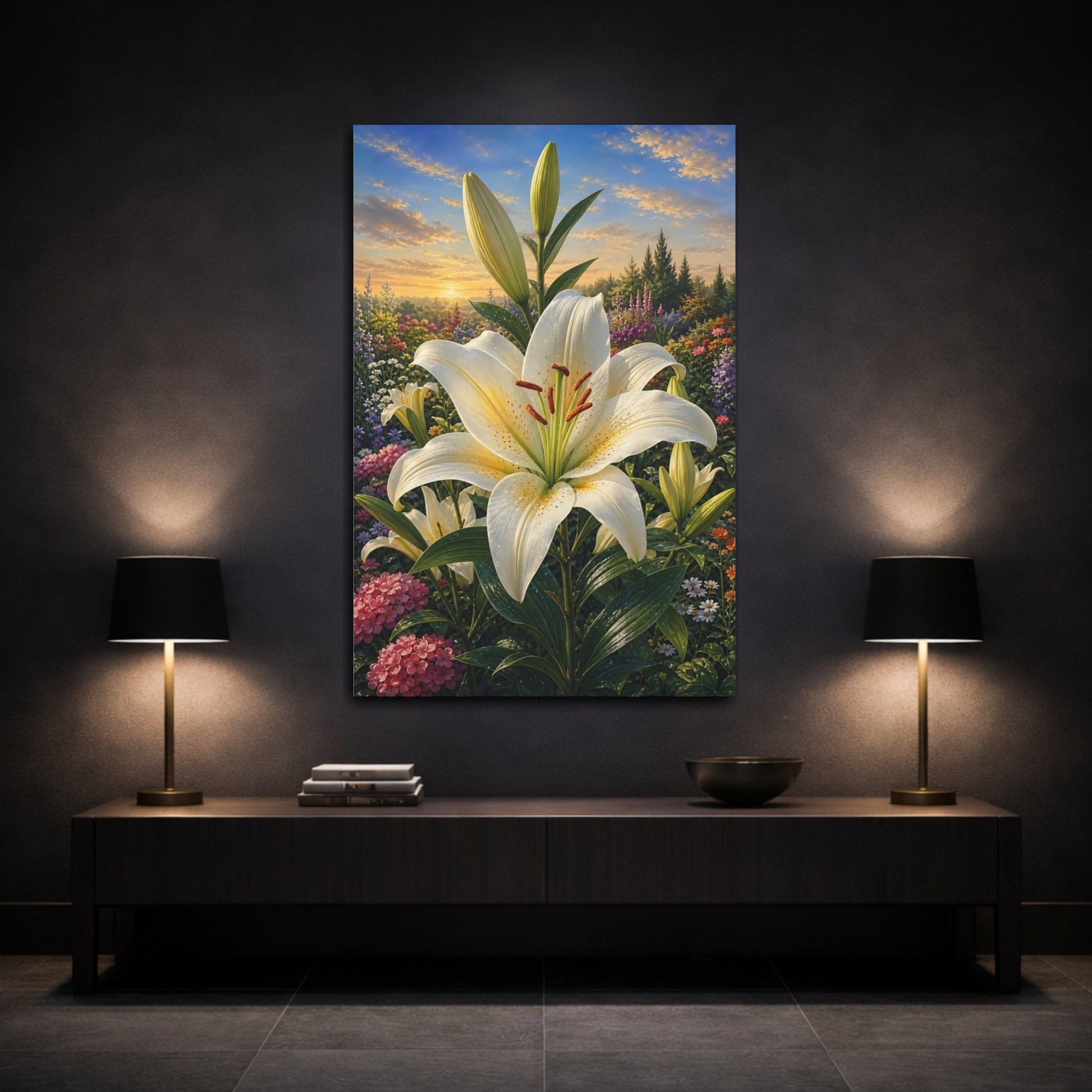 Mockup 3. Floral White Lily White Lily Garden shown as stretched canvas wall art
