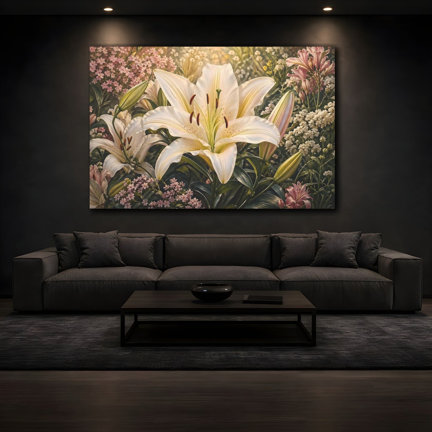 Mockup 4. Floral White Lily White Lily Garden shown as stretched canvas wall art