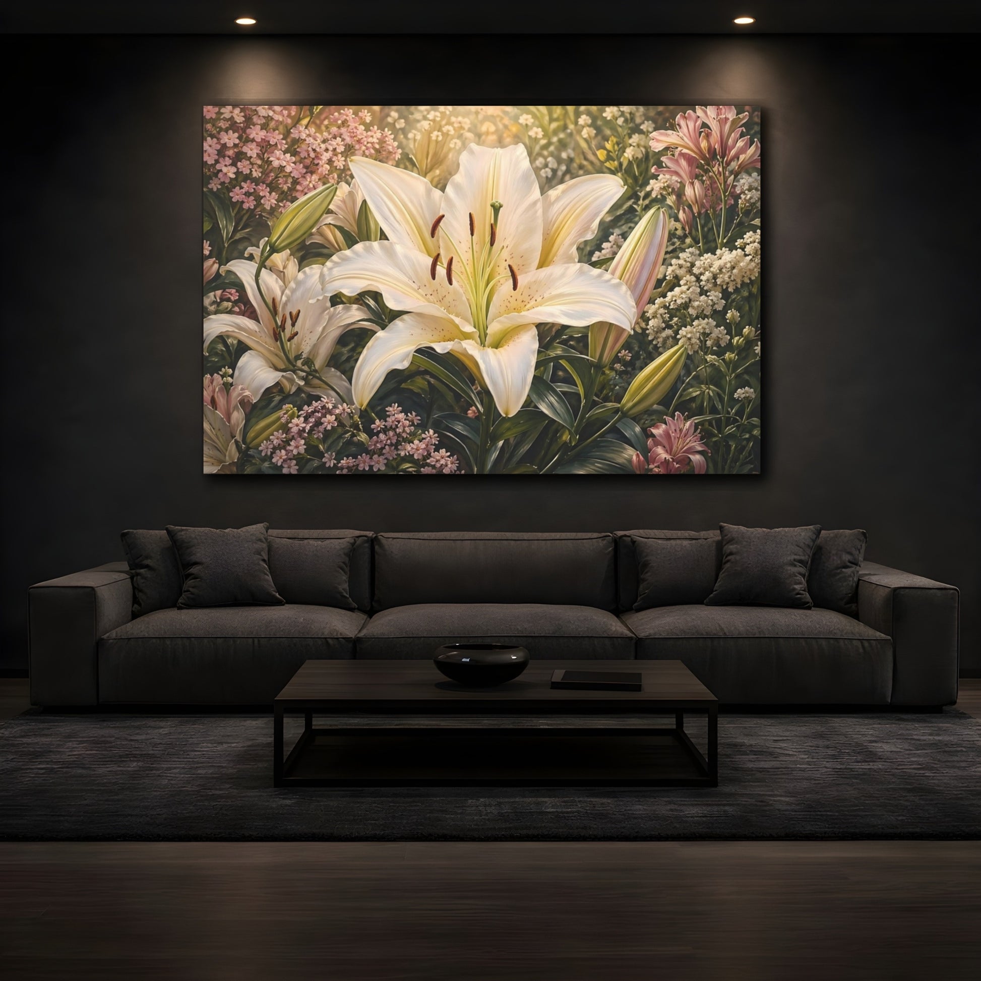 Mockup 4. Floral White Lily White Lily Garden shown as stretched canvas wall art