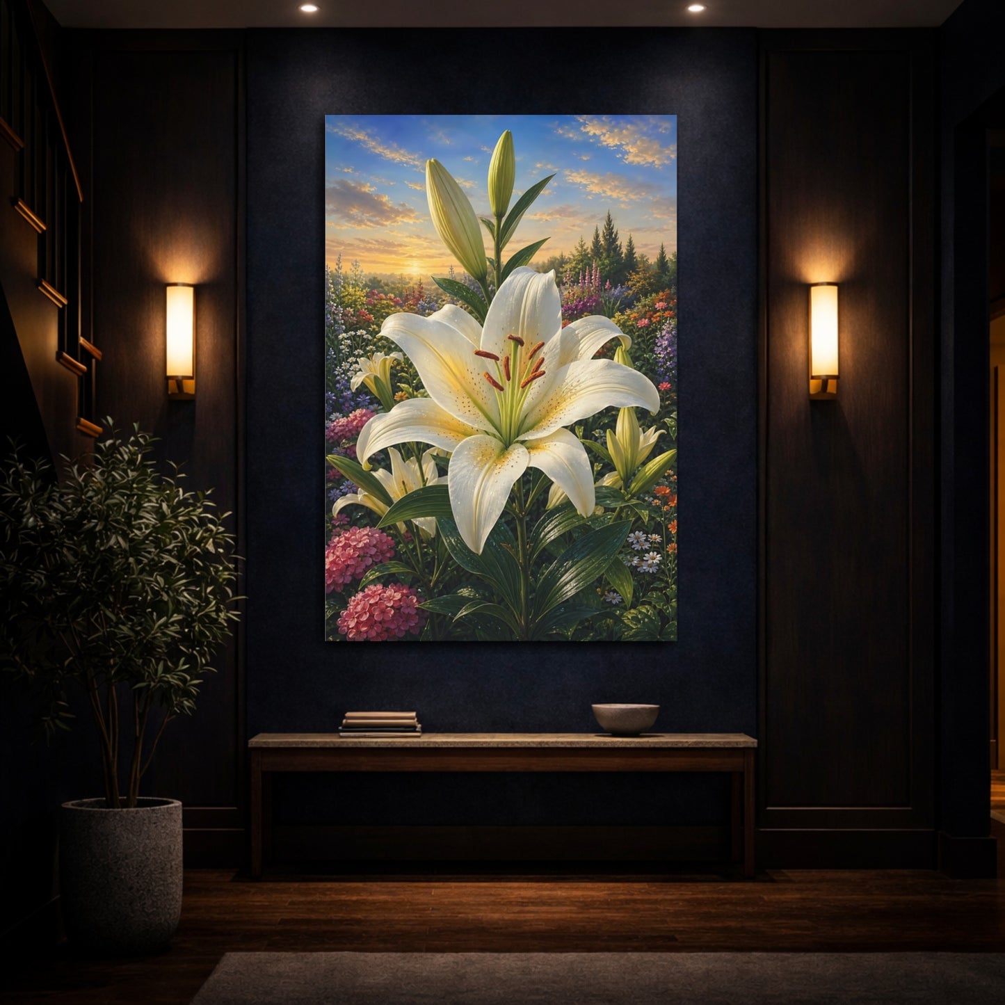 Mockup 4. Floral White Lily White Lily Garden shown as stretched canvas wall art