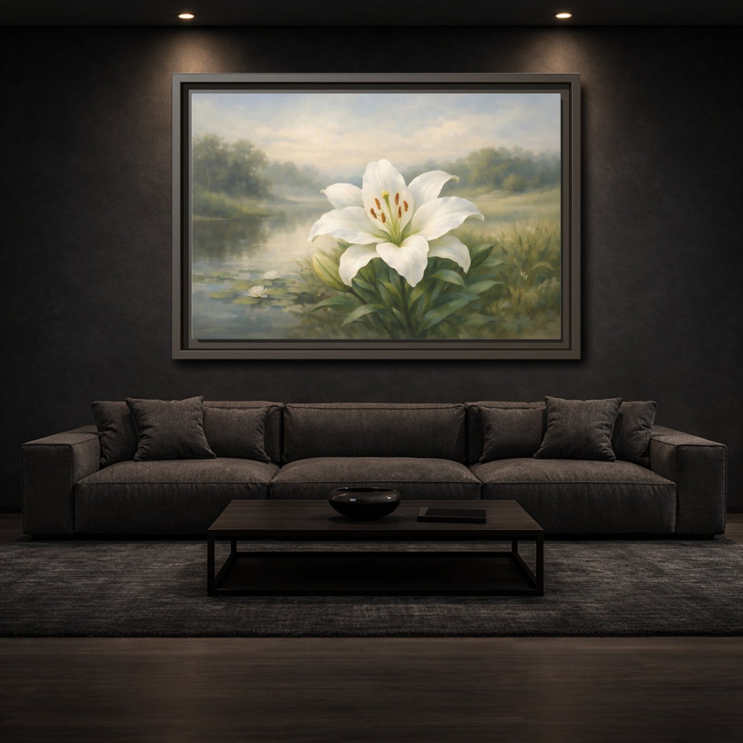 Mockup 2. Floral White Lily White Lily Landscape shown as stretched canvas wall art