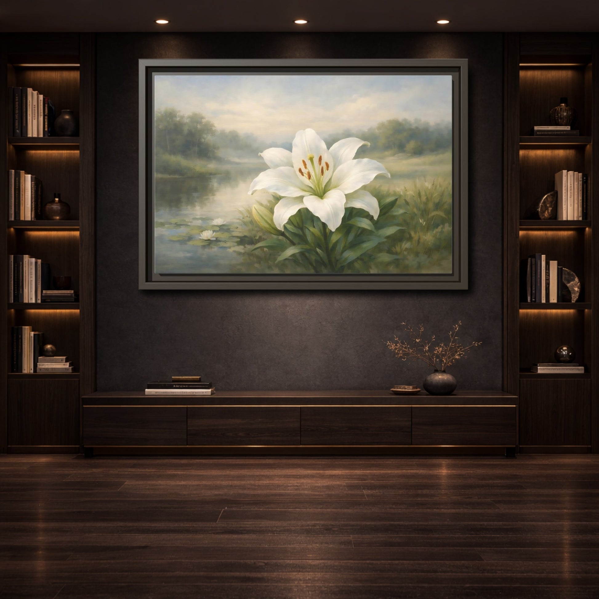 Mockup 3. Floral White Lily White Lily Landscape shown as stretched canvas wall art