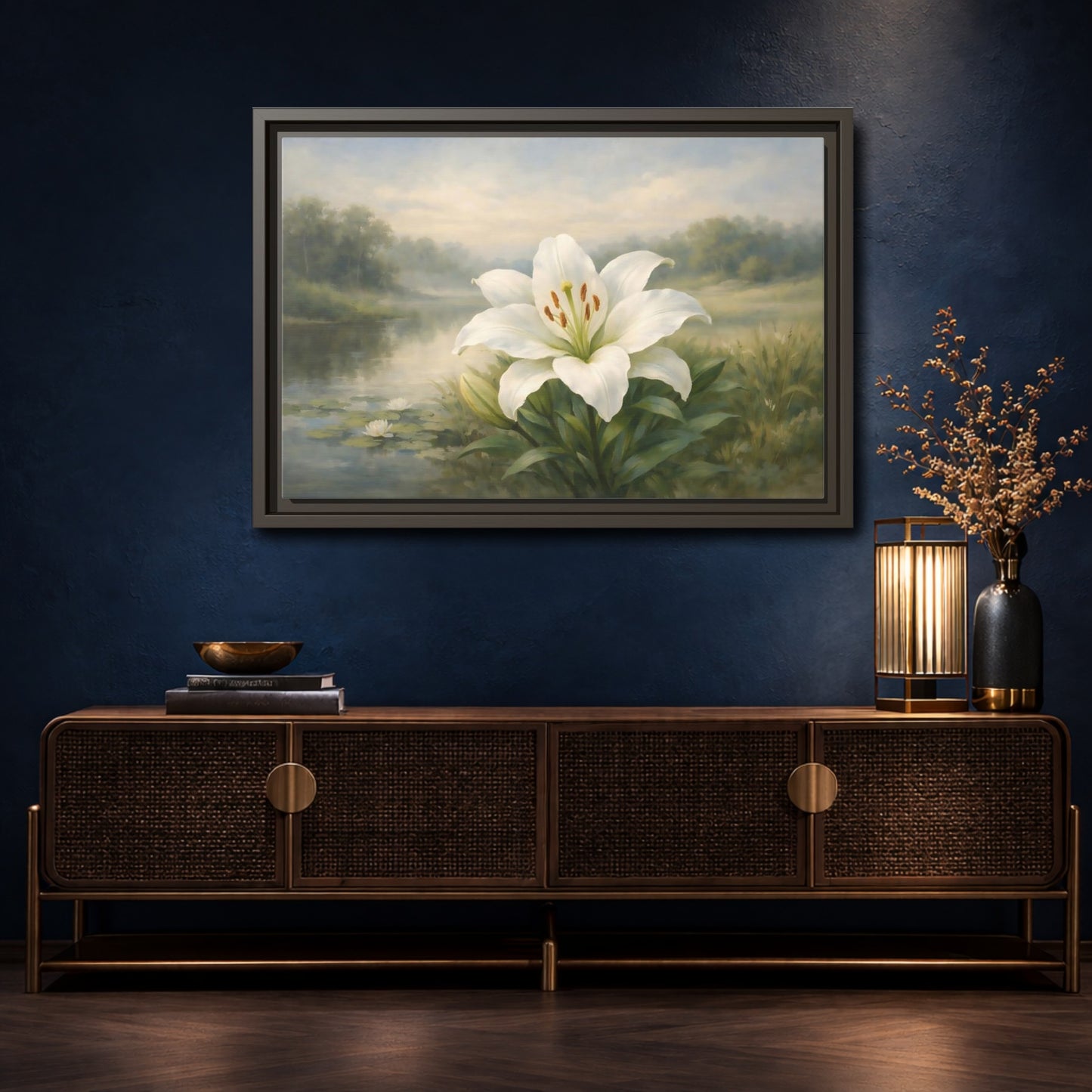 Mockup 4. Floral White Lily White Lily Landscape shown as stretched canvas wall art