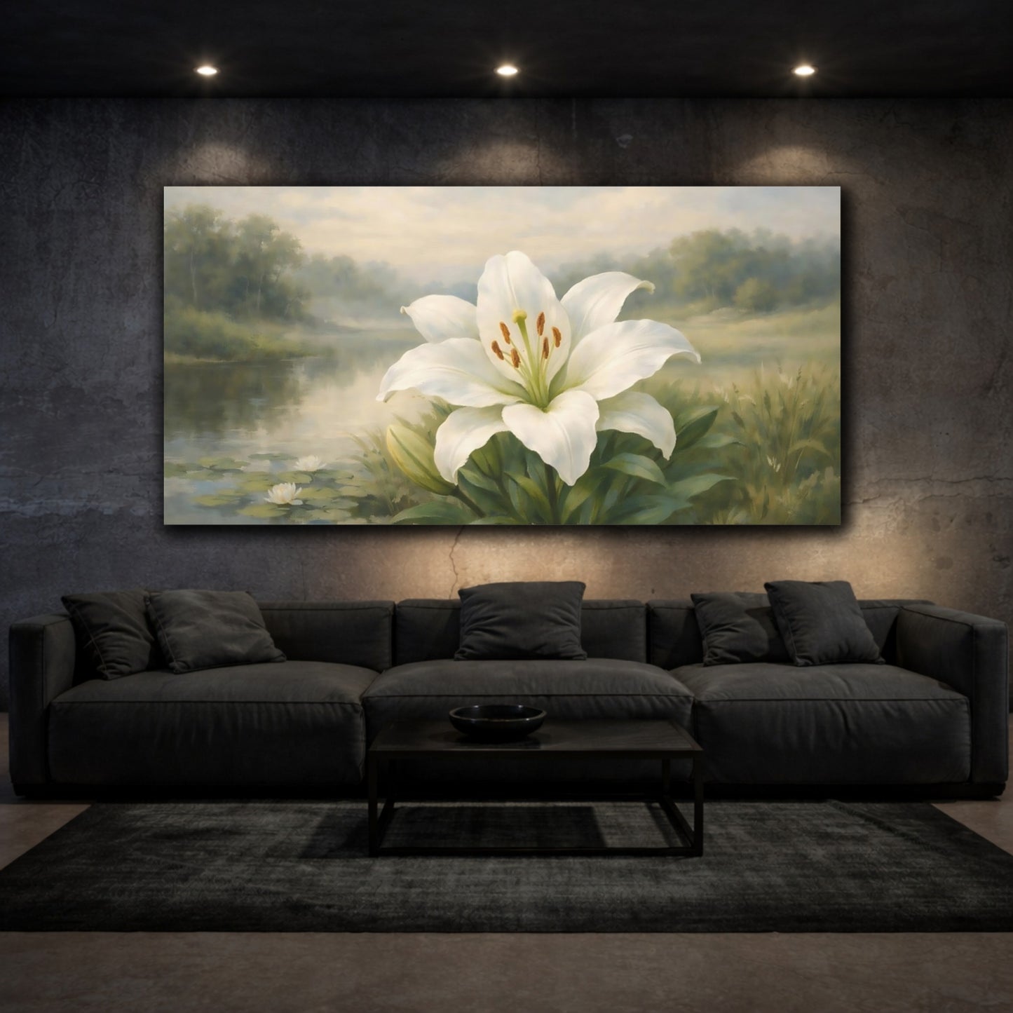 Mockup 2. Floral White Lily White Lily shown as stretched canvas wall art
