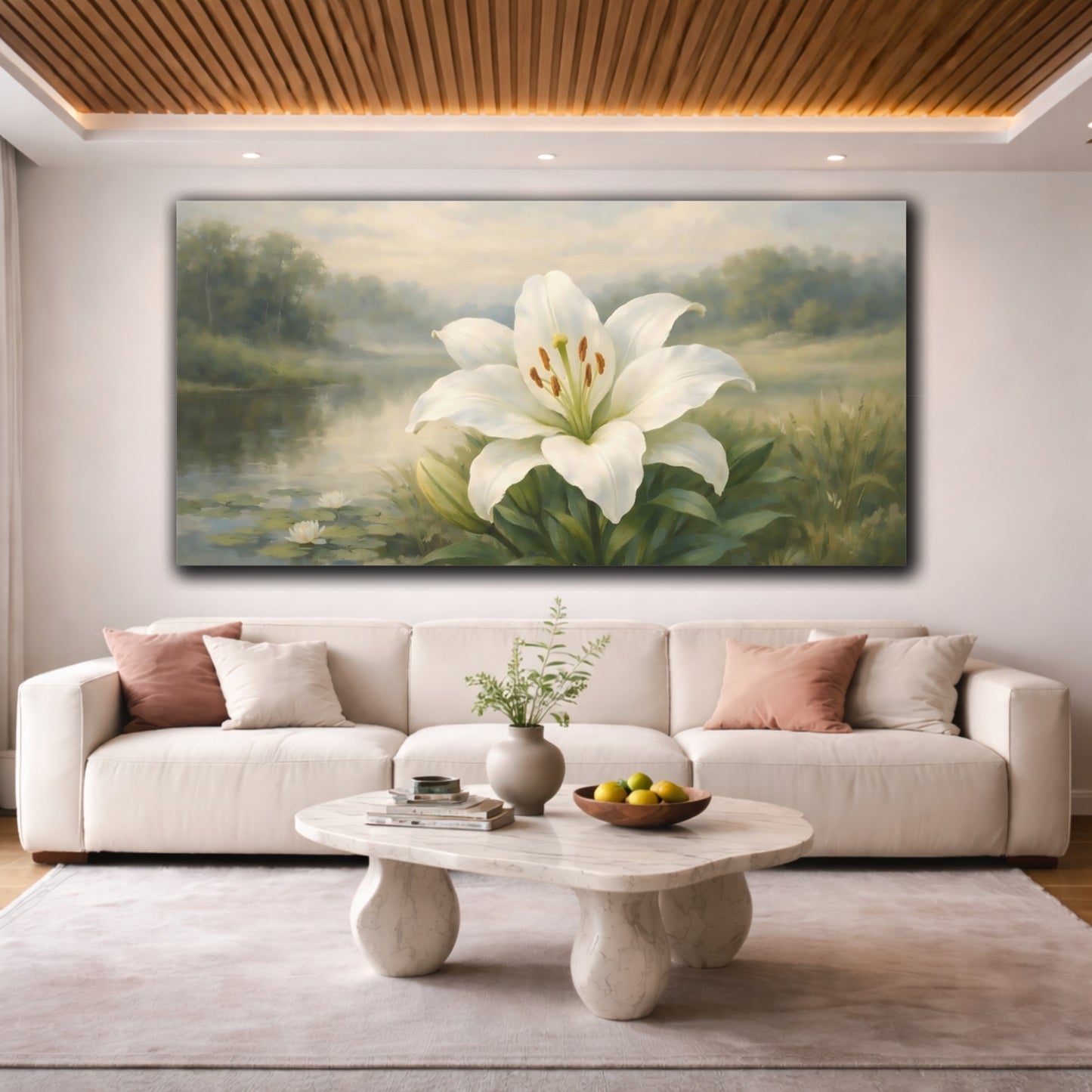 Mockup 3. Floral White Lily White Lily shown as stretched canvas wall art