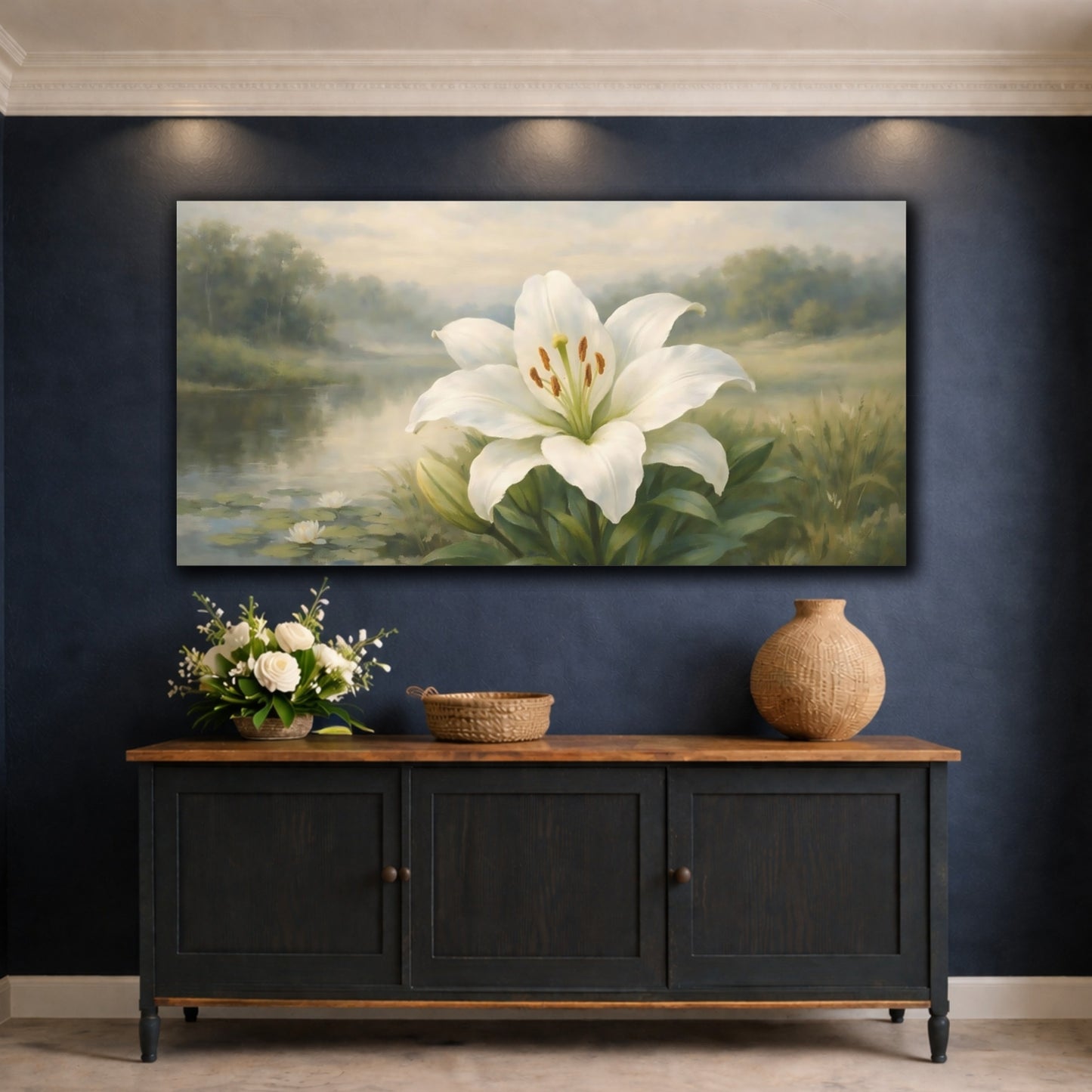 Mockup 4. Floral White Lily White Lily shown as stretched canvas wall art