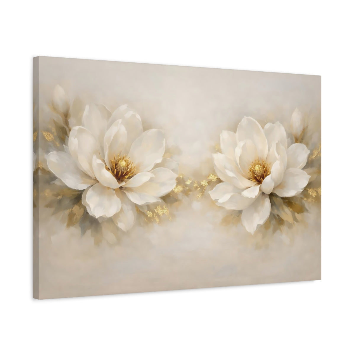 Side Mockup 2. Floral White Magnolias White And Gold Floral shown as stretched canvas wall art