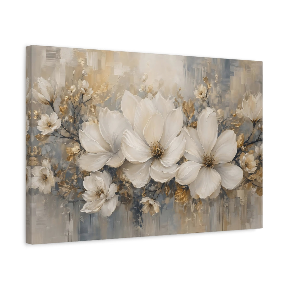 Side Mockup 3. Floral White Magnolias White Gold Grey shown as stretched canvas wall art