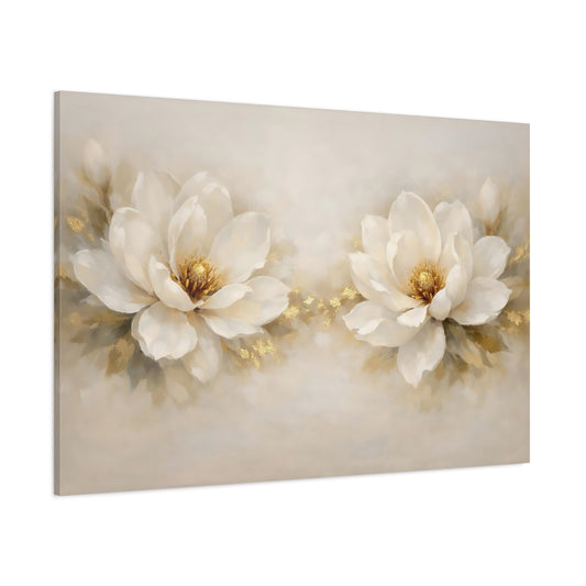 Main Mockup. Floral White Magnolias White And Gold Floral shown as stretched canvas wall art