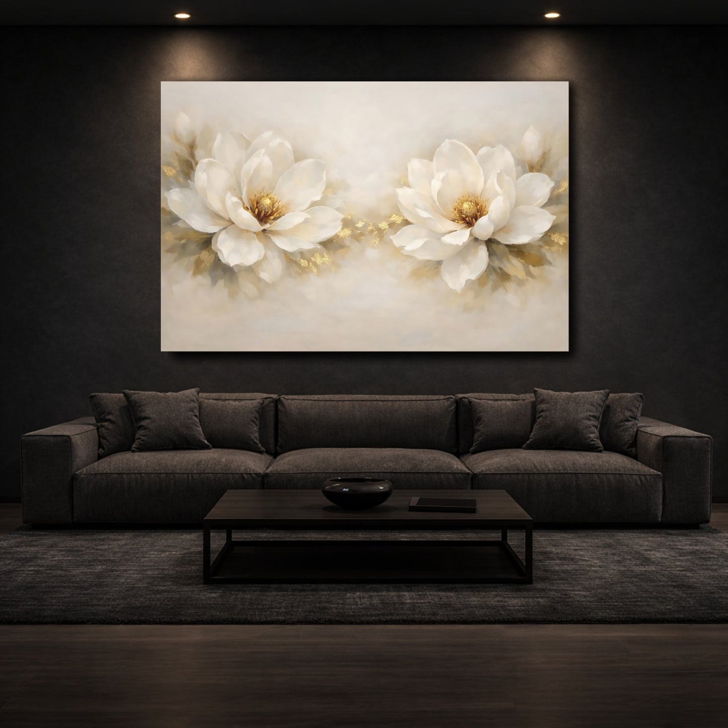 Mockup 2. Floral White Magnolias White And Gold Floral shown as stretched canvas wall art