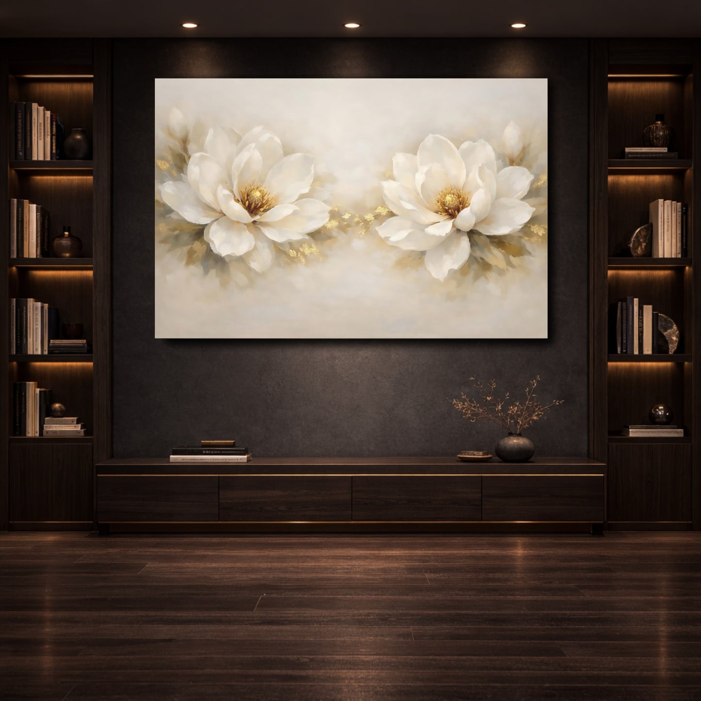 Mockup 3. Floral White Magnolias White And Gold Floral shown as stretched canvas wall art