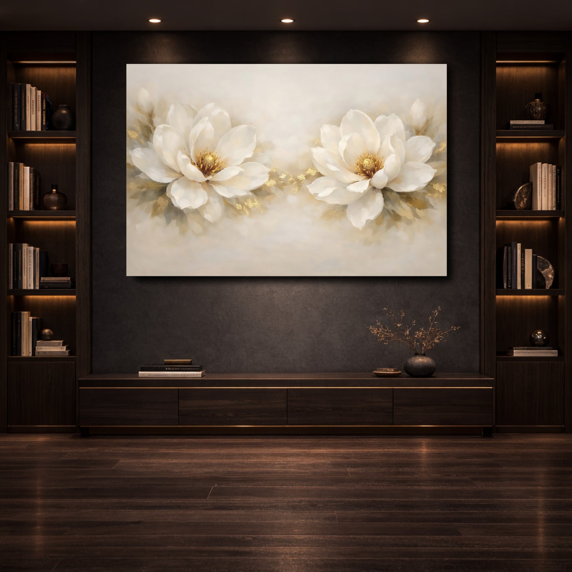 Mockup 3. Floral White Magnolias White And Gold Floral shown as stretched canvas wall art